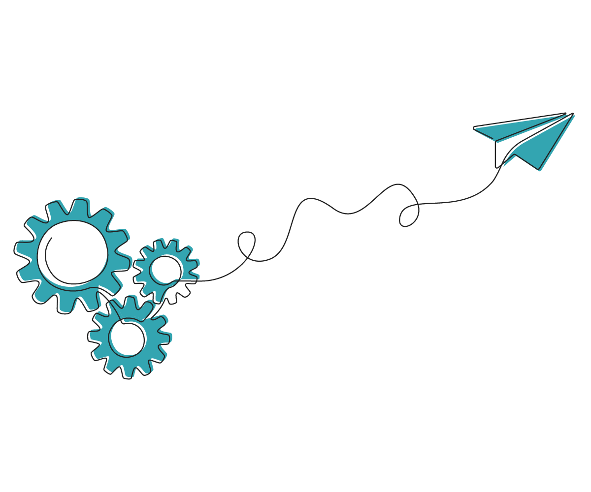 drawing of cogs to paper airplane